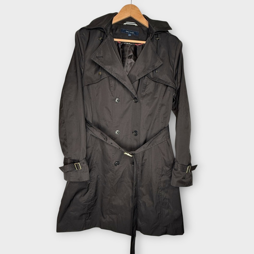 Cole Haan Signature Rain Coat Jacket Gold Hardware Belt Hood Classic Black XL